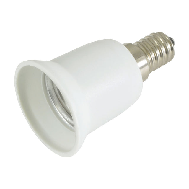 AVSL E14 to E27 lamp socket converter with white thermoplastic body and metal E14 screw thread, shown on a plain white background.