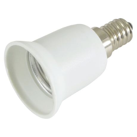 The image features a LYYT Lamp Socket Converter (E14 To E27) with a white finish and metal screw base, similar in appearance to an Edison screw converter. This adapter showcases a sleek, cylindrical design that expands into a broader end, engineered to accommodate different lamp socket sizes.