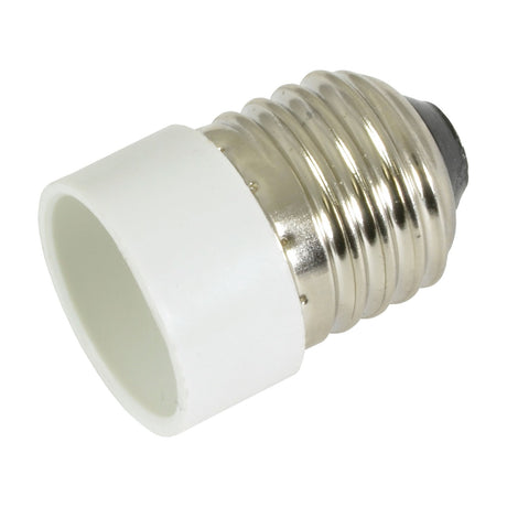 AVSL E27 to E14 lamp socket converter with silver E27 screw base and white thermoplastic E14 socket, rated 60W max, on a plain white background.