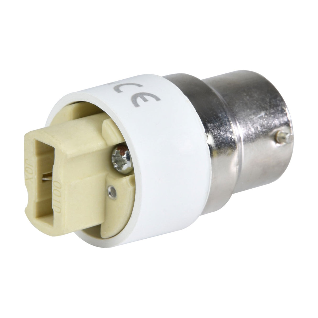 AVSL B22 to G9 lamp socket converter adaptor with nickel-plated bayonet cap and white thermoplastic body housing a G9 bi-pin receptacle, on white.