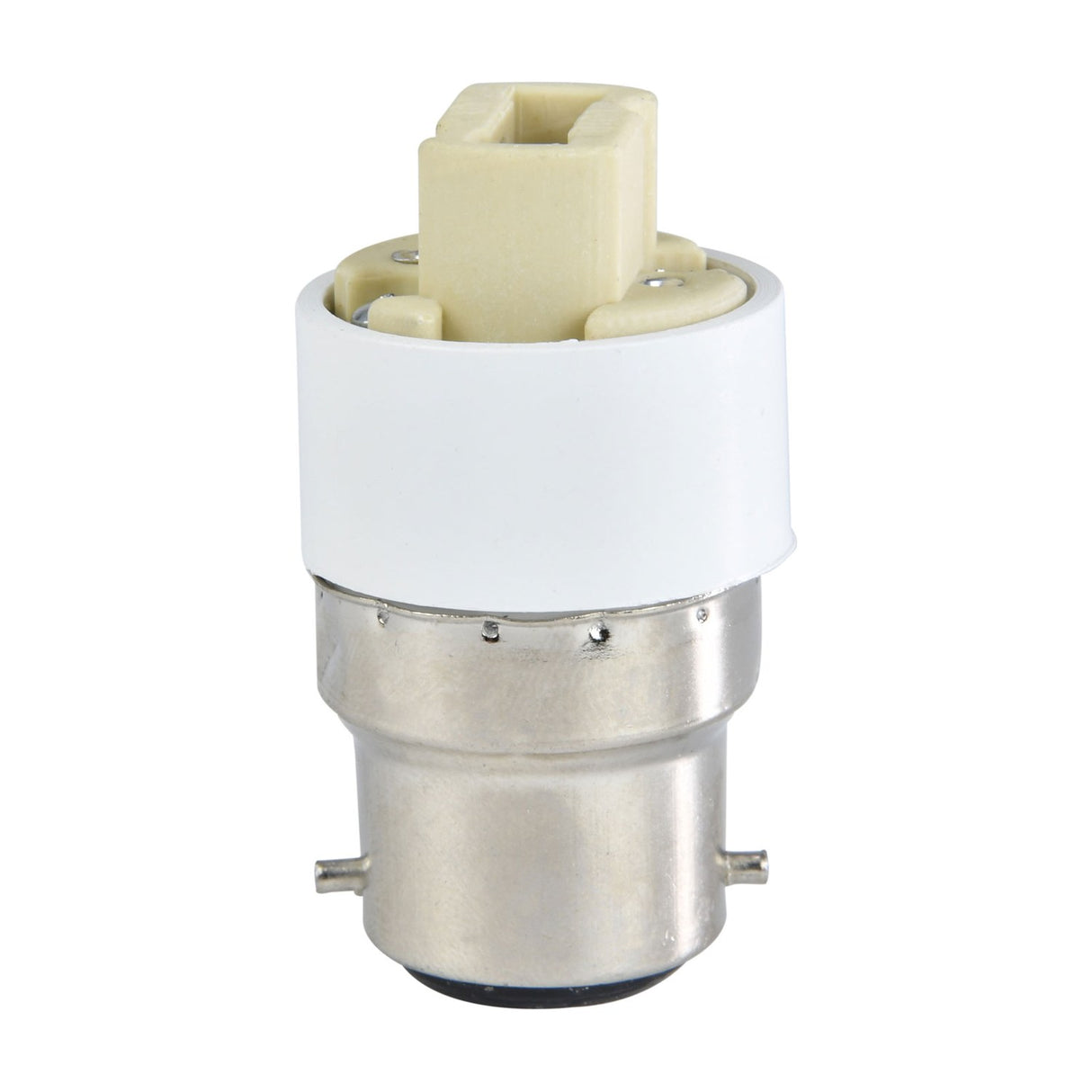 AVSL B22 to G9 lamp socket converter adaptor with nickel-plated bayonet cap, white thermoplastic body and G9 bi-pin receptacle, on a white background.
