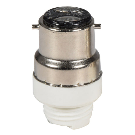 A metallic, cylindrical LYYT Lamp Socket Converter (B22 To G9) with a screw base and a small, round, black top. Featuring bayonet screw fitting, the top has two metal contacts while the bottom includes threaded ridges for easy securing into any compatible lamp socket.