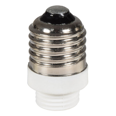 Close-up of a LYYT Lamp Socket Converter (E27 To G9) made of metal and white plastic. The metal top has ridges, while the white plastic bottom is threaded for attachment, making it ideal for a G9 halogen setup. The background is plain white.