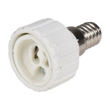 AVSL E14 to GU10 lamp socket converter with white thermoplastic body and nickel-plated screw base, shown on a plain white background.