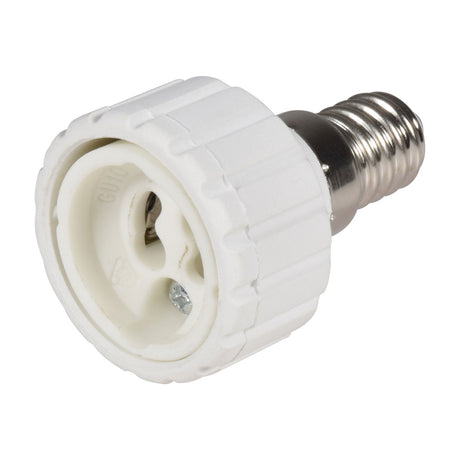 AVSL E14 to GU10 lamp socket converter with white thermoplastic body and nickel-plated screw base, shown on a plain white background.