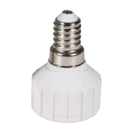 AVSL E14 to GU10 lamp socket converter with nickel-plated screw base and white thermoplastic GU10 holder body, shown on a plain white background.