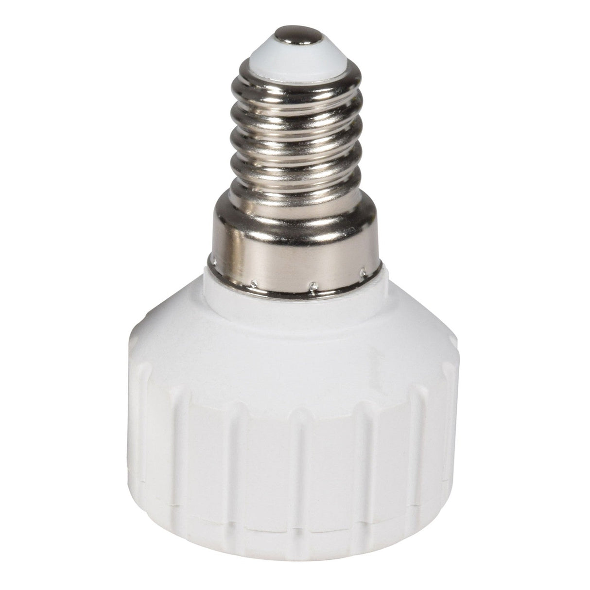 A close-up image of a LYYT Lamp Socket Converter showcasing a white adapter with a screw base. This adapter features an E14 Edison screw top and is designed to convert the socket to fit GU10 bulbs.