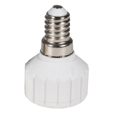 A close-up image of a LYYT Lamp Socket Converter showcasing a white adapter with a screw base. This adapter features an E14 Edison screw top and is designed to convert the socket to fit GU10 bulbs.