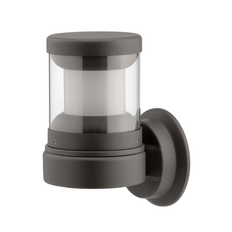 Reveal Cast Aluminium Outdoor Wall Light in graphite grey, cylindrical design with clear polycarbonate lens and round wall mounting bracket, shown on a plain white background.