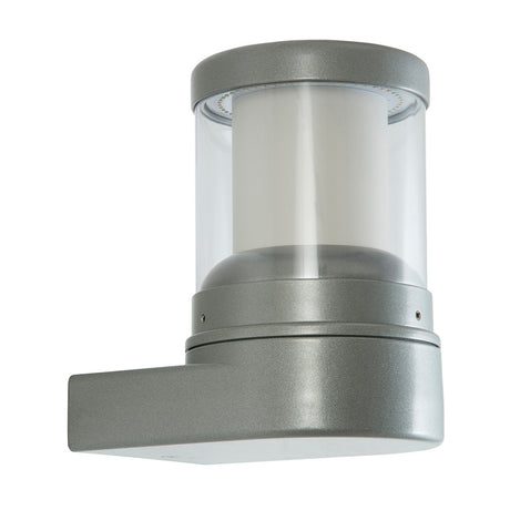 Reveal cast aluminium outdoor wall lantern in grey, cylindrical clear polycarbonate lens with white diffuser, mounted on a curved wall bracket, shown on a plain white background.