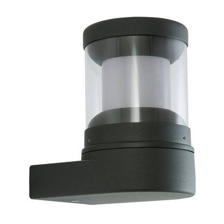 Reveal Cast Aluminium Outdoor Wall Lantern in graphite grey, cylindrical head with clear polycarbonate lens on a solid wall bracket, shown on a plain white background.