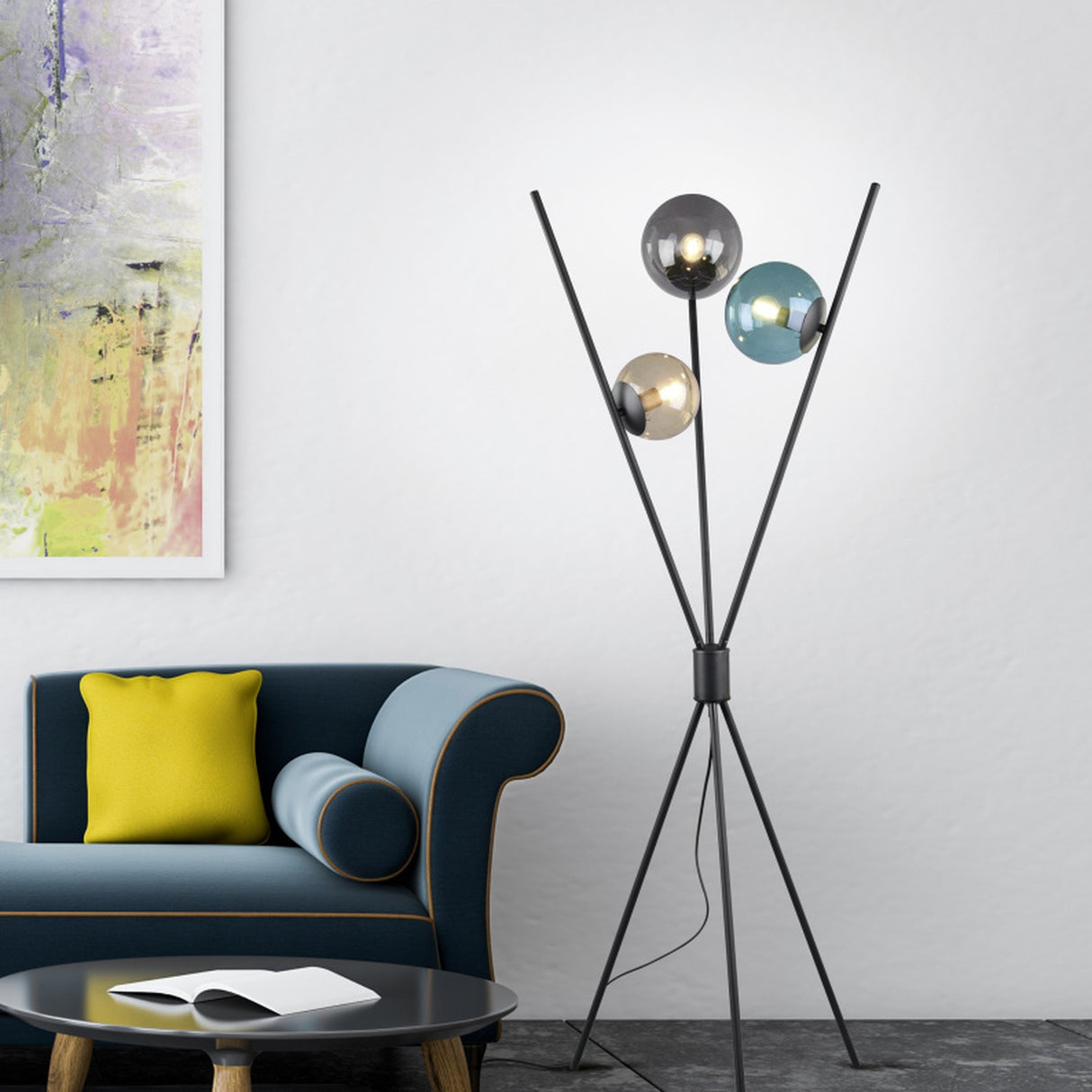 Lance 3 Light Glass Floor Lamp – Matt Black