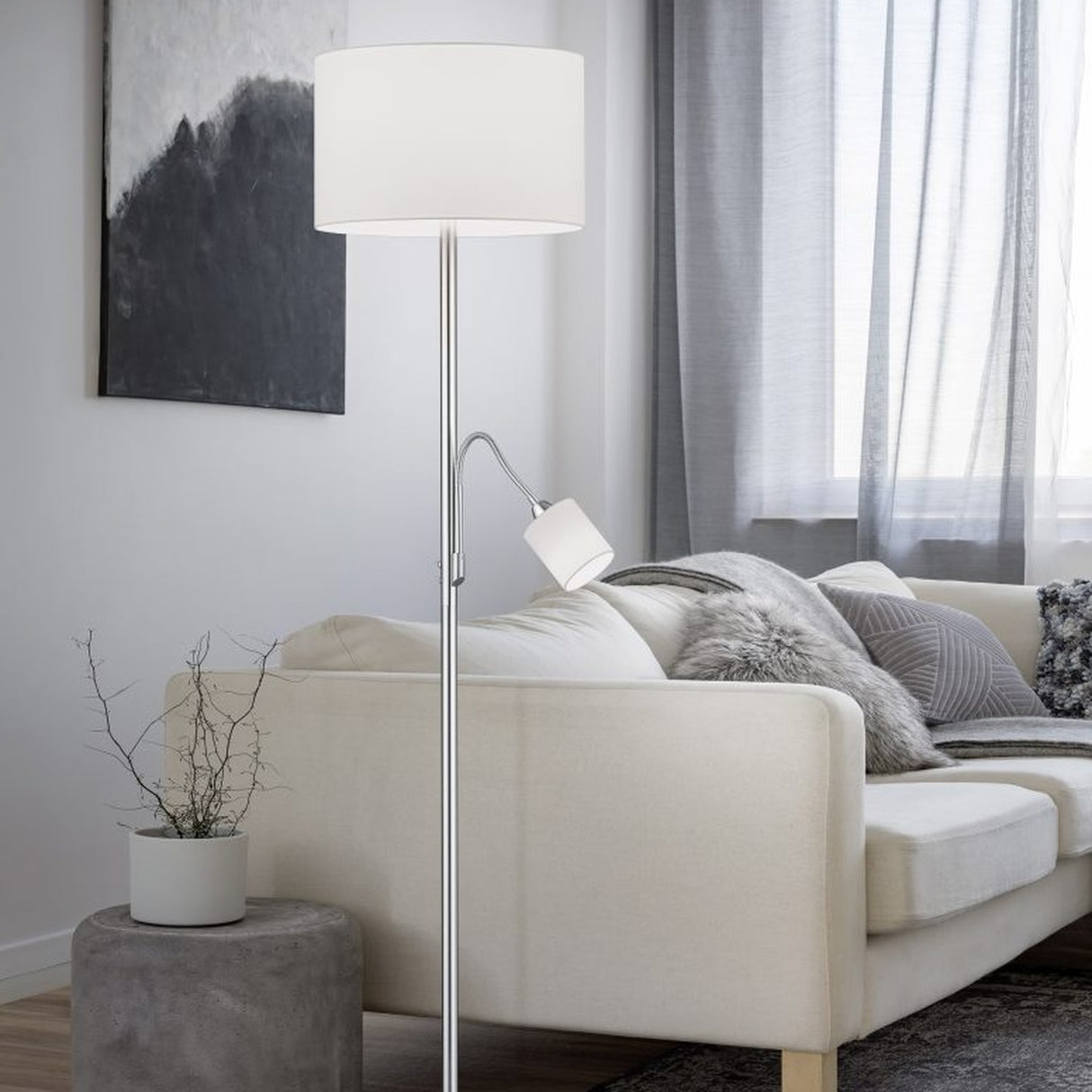 Hotel 2 Light Fabric Cone Floor Lamp – Satin Nickel