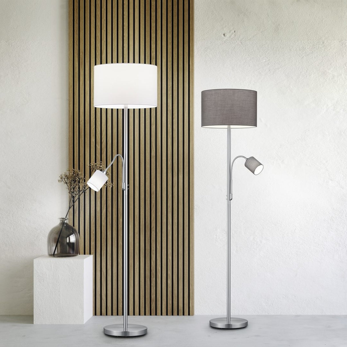 Hotel 2 Light Fabric Cone Floor Lamp – Satin Nickel