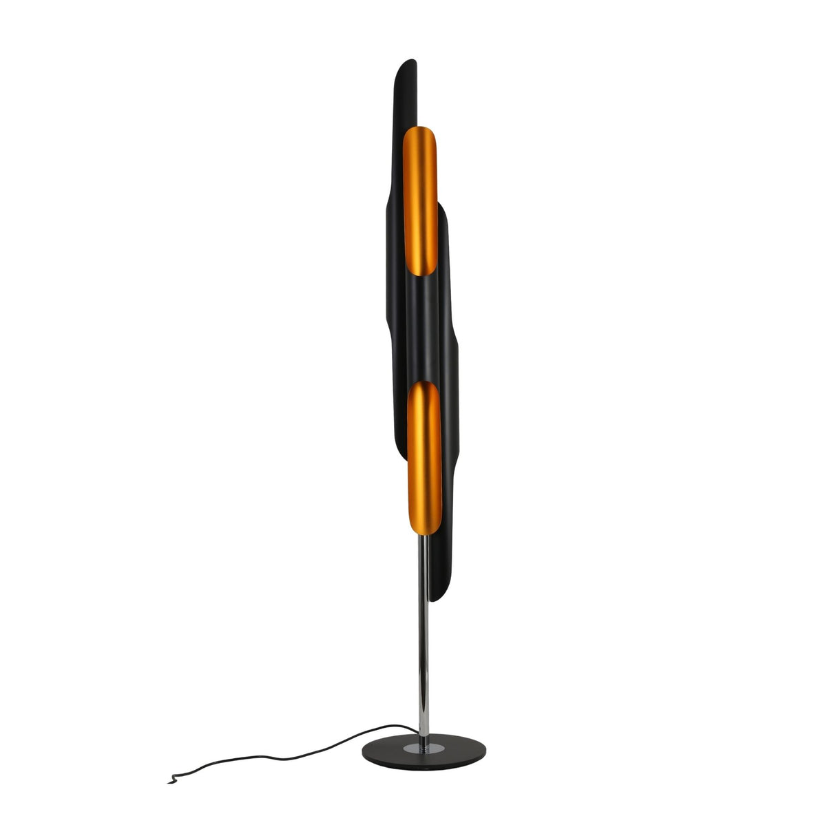 Niori Stealth 6 Light Floor Lamp with staggered matt black tubular shades, brushed brass interiors, chrome stem and round black base on a white background.