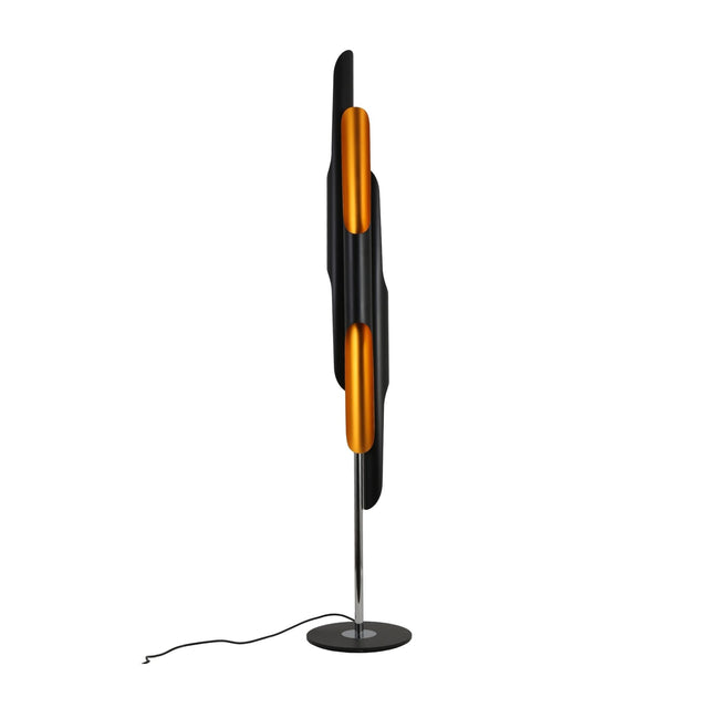 Niori Stealth 6 Light Floor Lamp with staggered matt black tubular shades, brushed brass interiors, chrome stem and round black base on a white background.