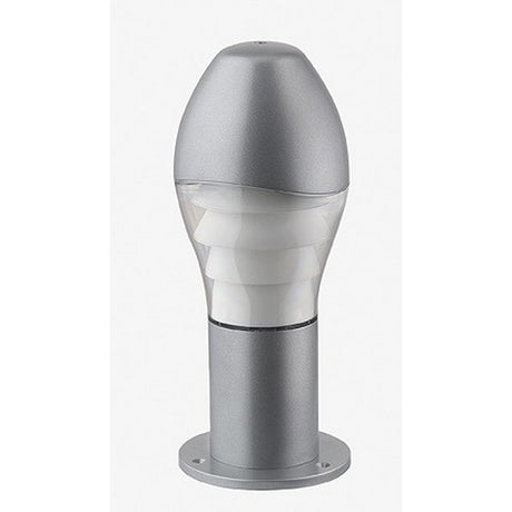 Ovolo Cast Aluminium Outdoor Bollard Light in grey, egg-shaped domed top over a ribbed polycarbonate diffuser on a round base plate, shown on a plain white background.