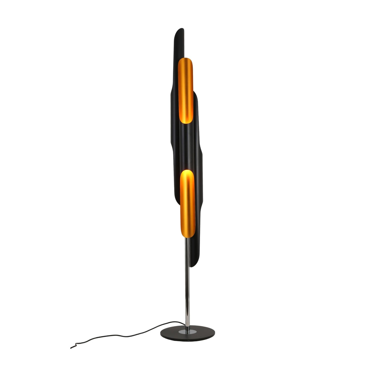 Niori Stealth 6 Light Floor Lamp with staggered matt black tubular shades, brushed brass interiors and polished chrome stem on a round black base.