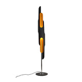 Niori Stealth 6 Light Floor Lamp with staggered matt black tubular shades, brushed brass interiors and polished chrome stem on a round black base.