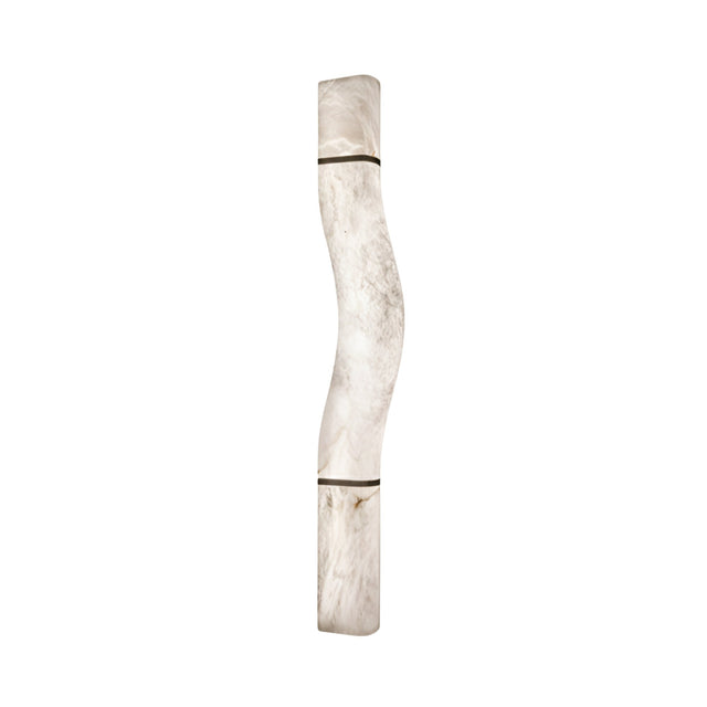 Caterris LED alabaster wall light from Niori with tall sculptural wavy profile, soft white stone panels and matt black banded detailing on a white background.