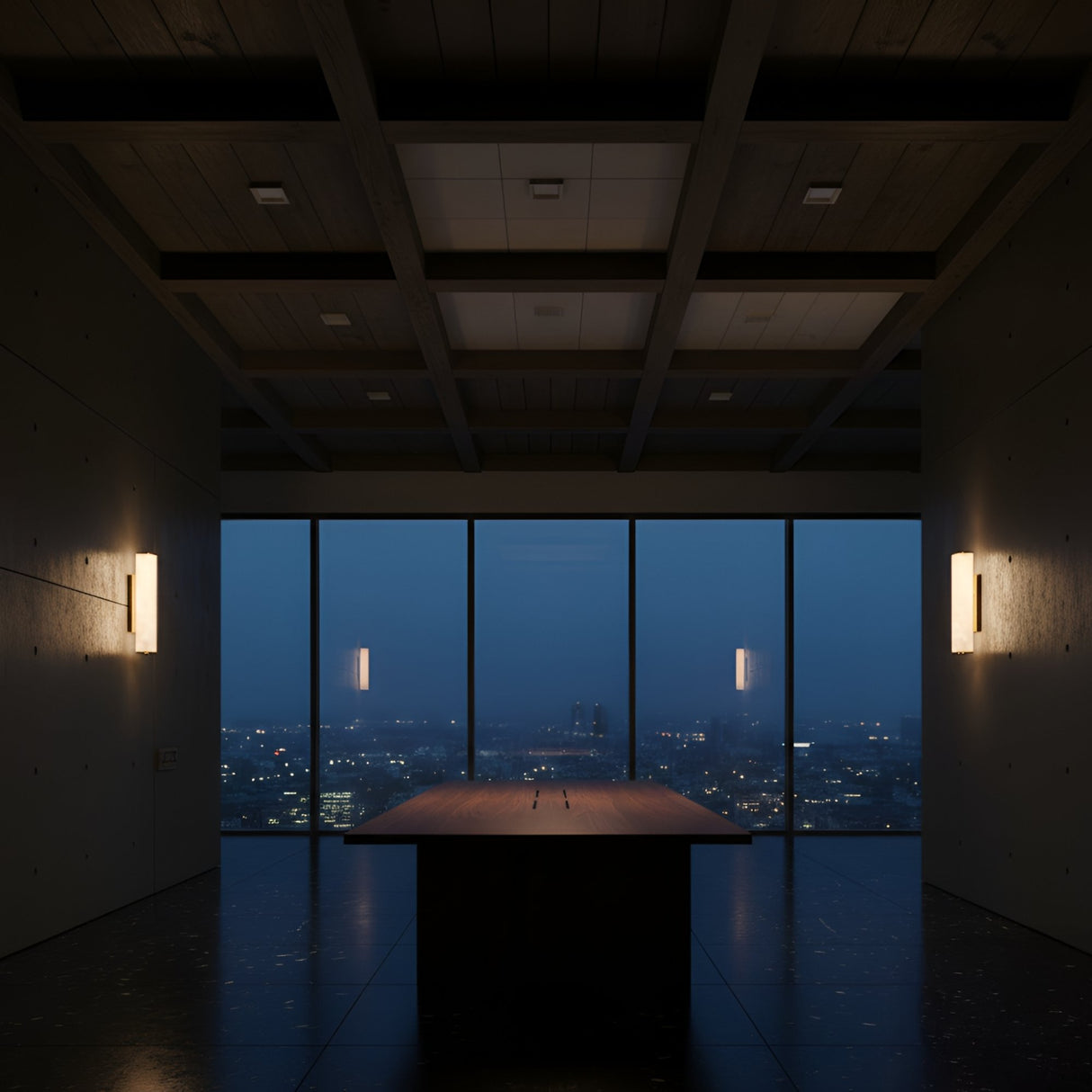 A modern, dimly lit room with a large wooden table features floor-to-ceiling windows and is elegantly illuminated by Valmere LED Medium Linear Alabaster Wall Lights in soft white on both sides of the space.