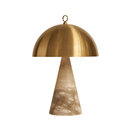 The Viren 2 Light Polished Cap Alabaster Table Lamp features a dome-shaped brushed bronze shade, conical soft white alabaster base, and a stylish ring at the top, giving it a modern mushroom-inspired design.