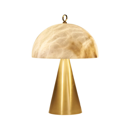 The Viren 2 Light Dome Crown Alabaster Table Lamp features a brushed bronze cone base and soft white alabaster dome shade with a top loop, creating the perfect ambient light for any contemporary space.