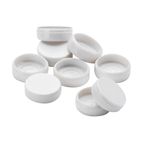 A set of Screw Cap Covers - 100 Pack, consisting of small, round, white plastic containers with lids. Some are open, exposing their empty interiors, while others include an additional screw cap from the CU series. They are distributed randomly against a pristine white background.