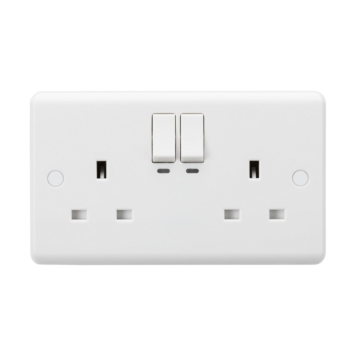 Shown is a sleek and modern white double electrical wall socket with two switches, perfect for standard UK power connections. The 13A 2 Gang SP Smart Wi-Fi Switched Socket features power monitoring and voice control capabilities with Alexa and Google Assistant. It includes two sets of three rectangular holes for plugs, offering a sophisticated rounded edge design.