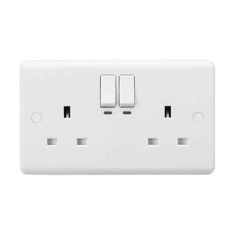 Shown is a sleek and modern white double electrical wall socket with two switches, perfect for standard UK power connections. The 13A 2 Gang SP Smart Wi-Fi Switched Socket features power monitoring and voice control capabilities with Alexa and Google Assistant. It includes two sets of three rectangular holes for plugs, offering a sophisticated rounded edge design.