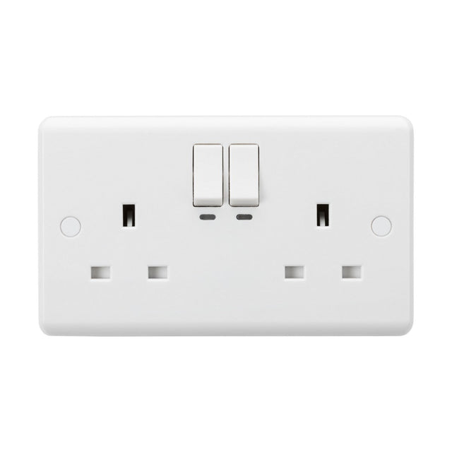 Shown is a sleek and modern white double electrical wall socket with two switches, perfect for standard UK power connections. The 13A 2 Gang SP Smart Wi-Fi Switched Socket features power monitoring and voice control capabilities with Alexa and Google Assistant. It includes two sets of three rectangular holes for plugs, offering a sophisticated rounded edge design.