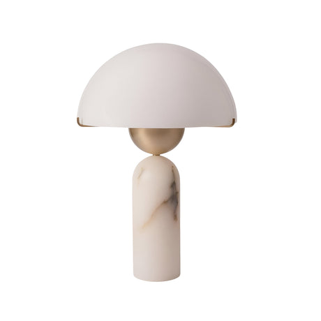 The Caldera 1 Light Dome Alabaster Table Lamp features a brushed bronze finish, cylindrical marble base, round gold accent, and large soft white dome shade. Its minimalist, elegant design stands out against a plain white background.