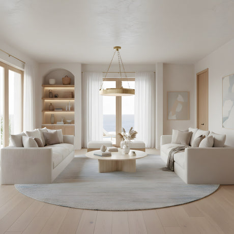 A modern, minimalist living room features two white sofas, a round light rug, and a circular wooden coffee table. Large windows with sheer curtains let in natural light, while the Heliora LED Chain-Suspended Disc Alabaster Chandelier in brushed brass adds elegance.