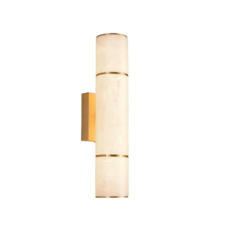 The Almora LED Medium Cylinder Alabaster Wall Light features a soft white cylindrical glass shade with brass accents on a rectangular base, displayed against a plain white background.