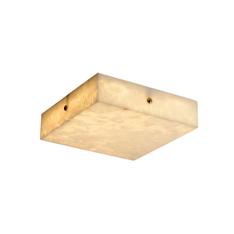 The Cadris LED Small Square Alabaster Flush Ceiling Light in soft white and brushed brass softly diffuses light, blending timeless elegance with modern efficiency against a plain white background.