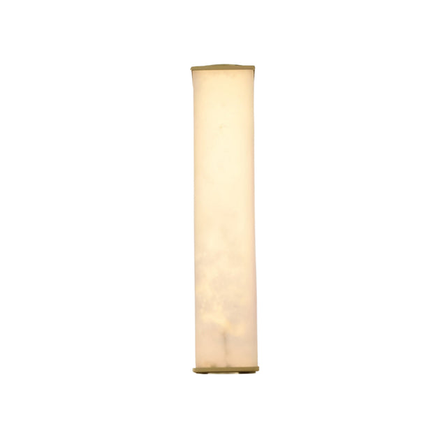 The Valmere LED Medium Linear Alabaster Wall Light in Soft White features a tall, cylindrical design with a smooth, neutral-colored shade and emits a soft, warm glow.