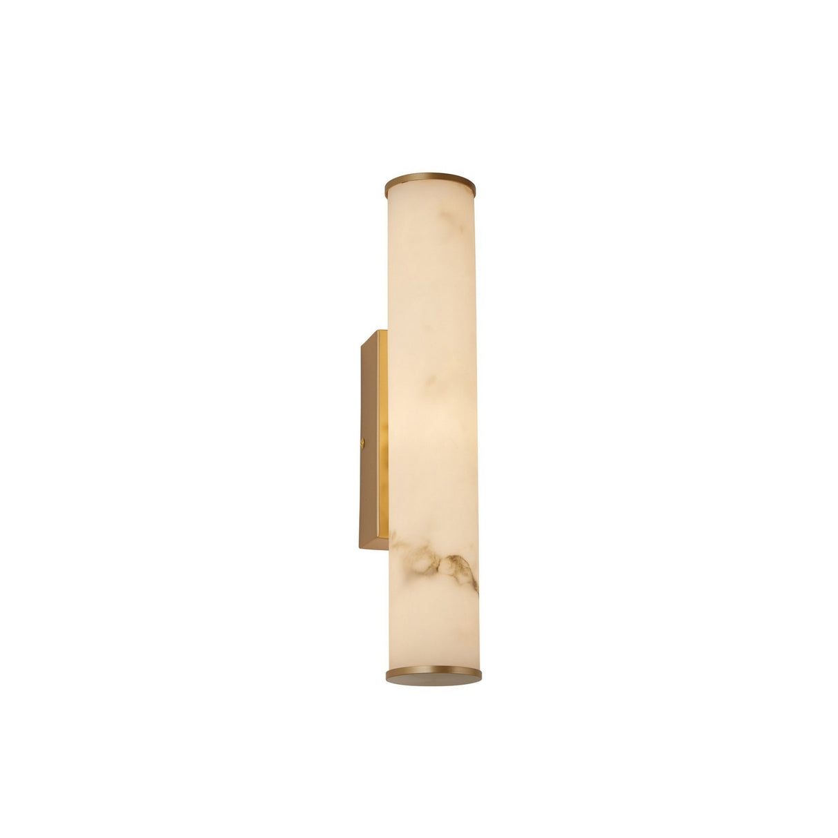The Montavo LED Small Tube Alabaster Wall Light in soft white and brushed brass features a cylindrical frosted glass shade with marble-like patterns, recalling the elegance of Spanish alabaster lighting on a sleek rectangular base.