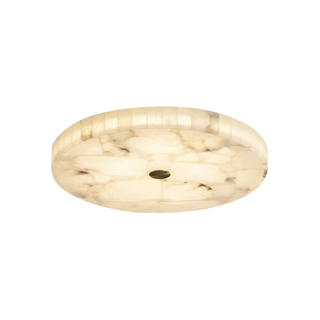 The Veltrix LED Small Round Alabaster Flush Ceiling Light in soft white and brushed brass features marble-like patterns and a central accent, providing a warm, diffused glow for any space.