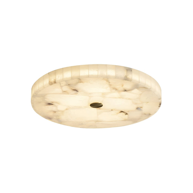 The Veltrix LED Small Round Alabaster Flush Ceiling Light in soft white and brushed brass features marble-like patterns and a central accent, providing a warm, diffused glow for any space.