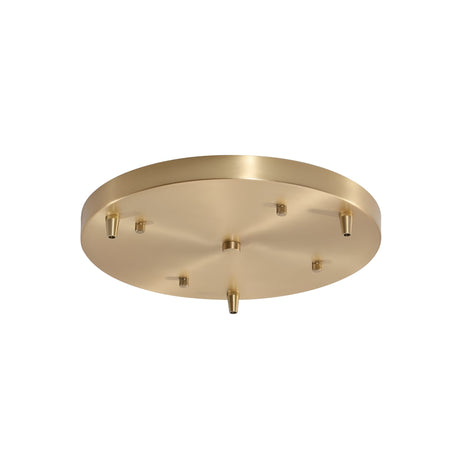 The Nalyra 40cm Round Canopy in natural brass features a smooth, reflective finish with five connection points for mounting multi pendant fixtures. It has a round, brushed surface and is shown against a plain white background.