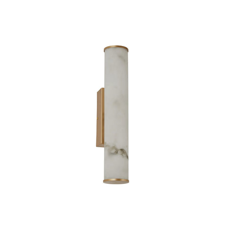 The Montavo LED Small Tube Alabaster Wall Light in Soft White & Brushed Brass features a cylindrical white marble-patterned shade and brushed brass accents, mounted on a rectangular gold wall plate.