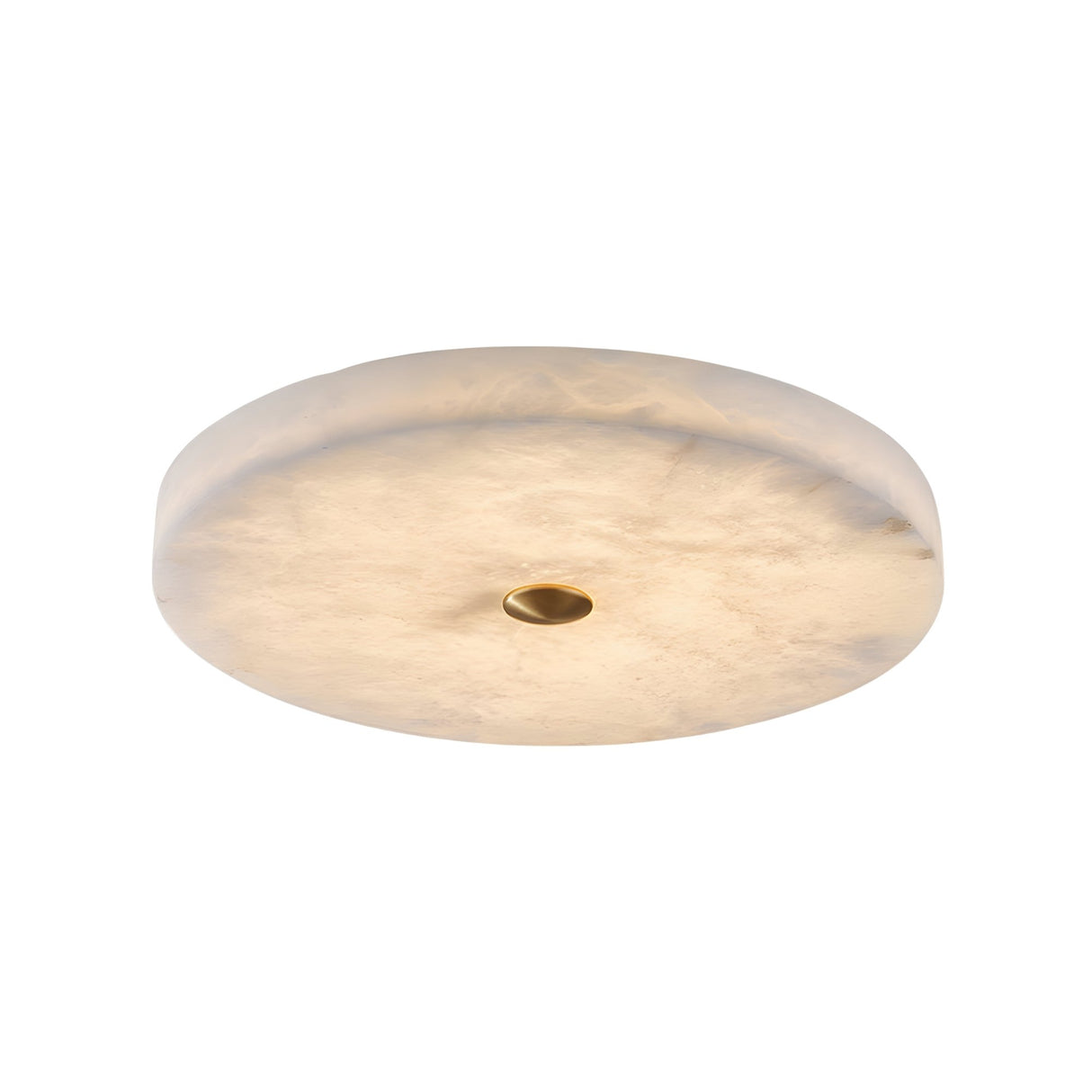 The Aleron LED Small Round Alabaster Flush Ceiling Light features a cloudy, translucent white shade and a brushed brass center accent, shown against a plain white background.