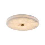 The Aleron LED Small Round Alabaster Flush Ceiling Light features a cloudy, translucent white shade and a brushed brass center accent, shown against a plain white background.