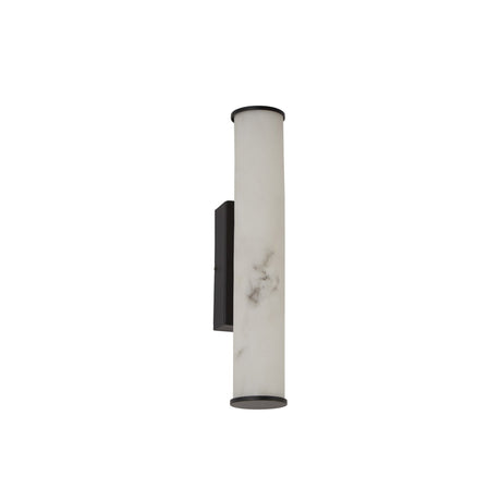 The Montavo LED Small Tube Alabaster Wall Light features a cylindrical Spanish alabaster shade with soft white veining, mounted vertically on a rectangular matte black base for a modern look.