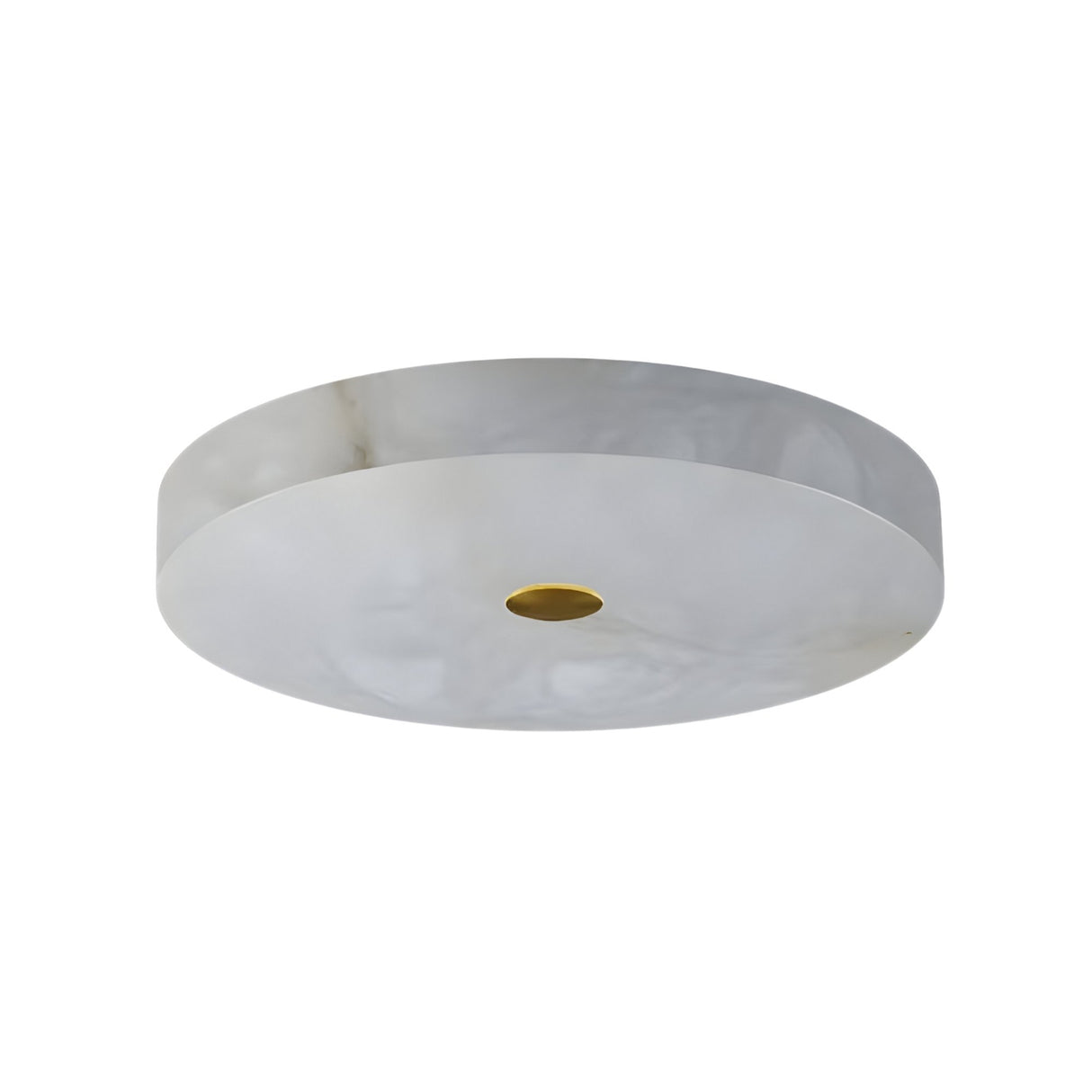 The Aleron LED Small Round Alabaster Flush Ceiling Light in soft white with a brushed brass accent features a marble-like pattern, making it perfect for mounting flush on a plain ceiling.