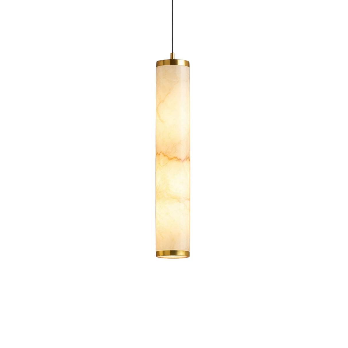 The Oria LED Single Alabaster Pendant Light in soft white features a cylindrical design, brushed brass accents on top and bottom, and a black cord, all set against a plain white background.