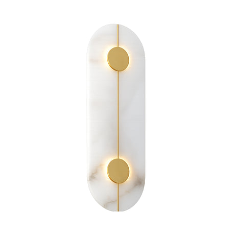 The Elaris LED Capsule Alabaster Wall Light features a modern oval alabaster base with two vertically aligned soft white and brass circular lights, each emitting a gentle glow.