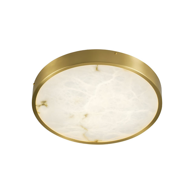 The Bravion LED Medium Round Alabaster Flush Ceiling Light in soft white and brushed brass is shown from below, featuring a brushed brass frame and an alabaster-effect diffuser against a plain background.