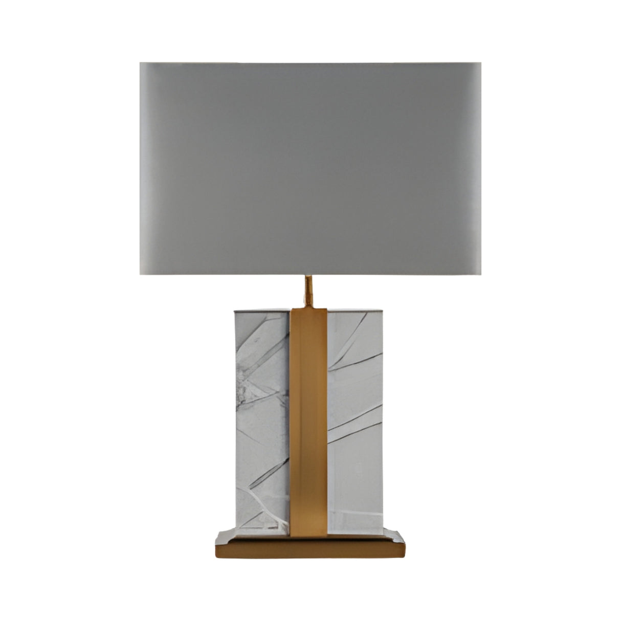 The Elvaris 1 Light Framed Marble Table Lamp features a brass accent, rectangular grey shade, and a base of white marble with gray veins atop a brass and marble platform.