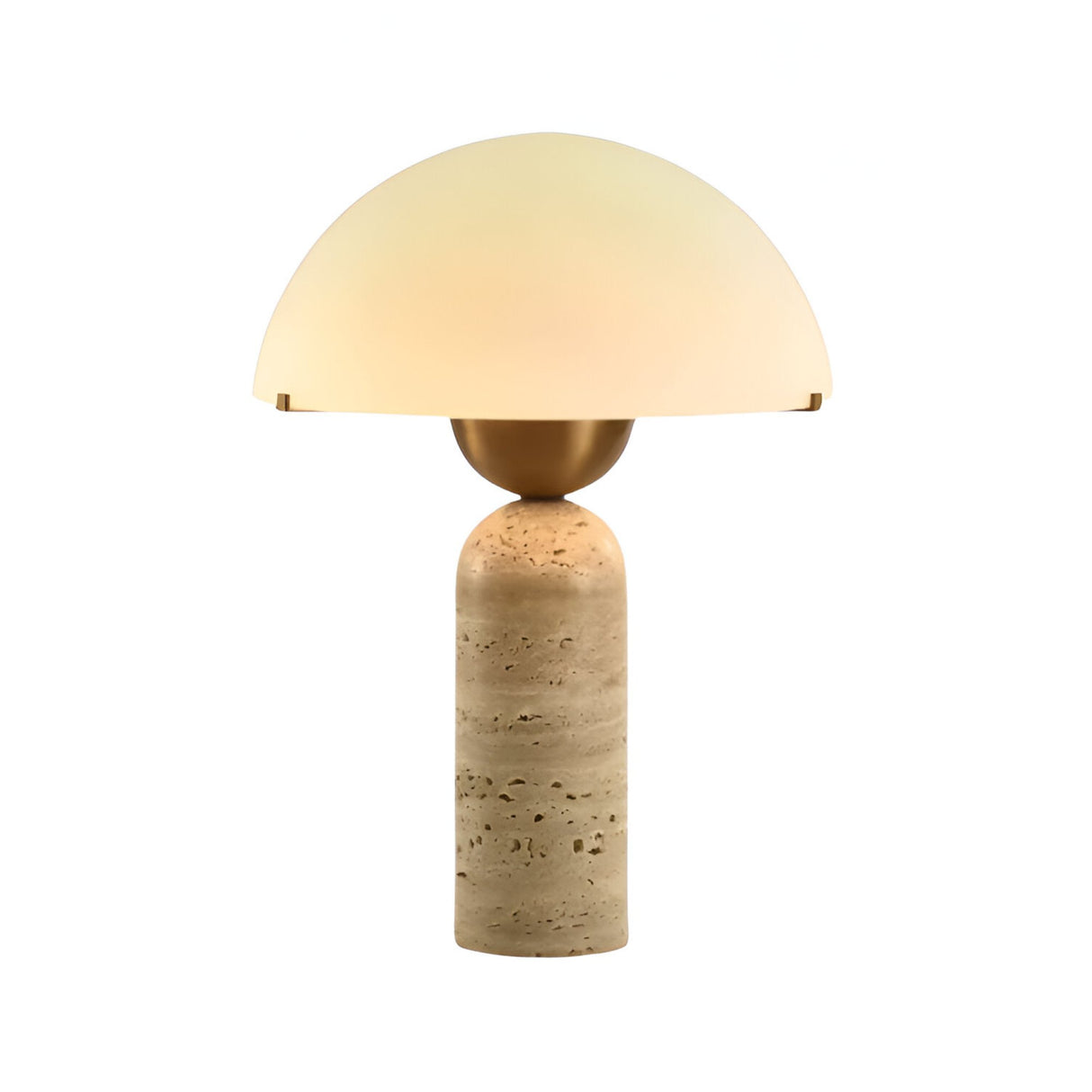 The Gildara 1 Light Yellow Cave Stone Table Lamp features a cylindrical stone base, brushed bronze details, and a soft white dome shade, casting warm light for modern spaces.